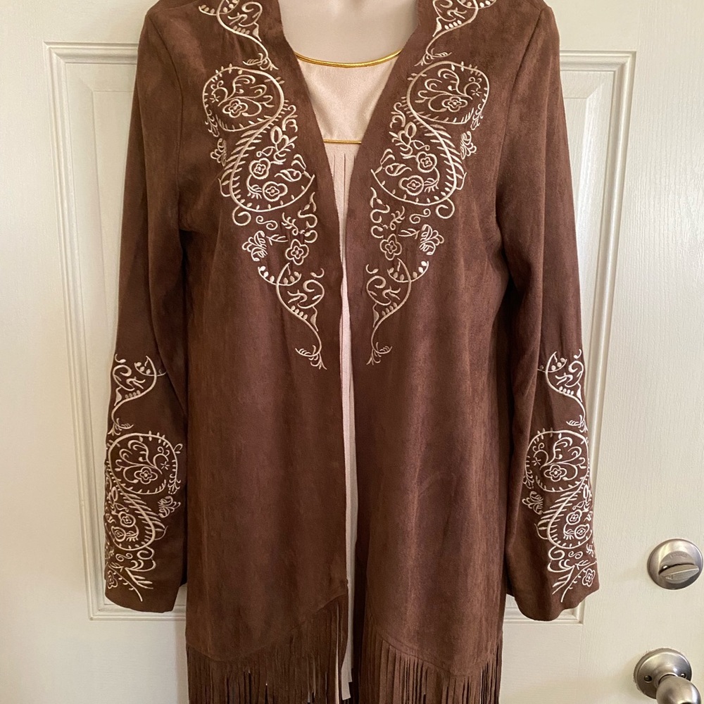 Vocal Embroidered Brown Long Sleeve Cardigan With Fringe Faux Suede